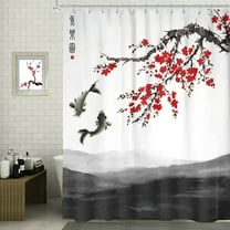 Cherry Blossom Shower Curtain Japanese Koi Red Plum Chinese Floral Trees Ink Painting Art Bathroom Polyester Waterproof Fabric