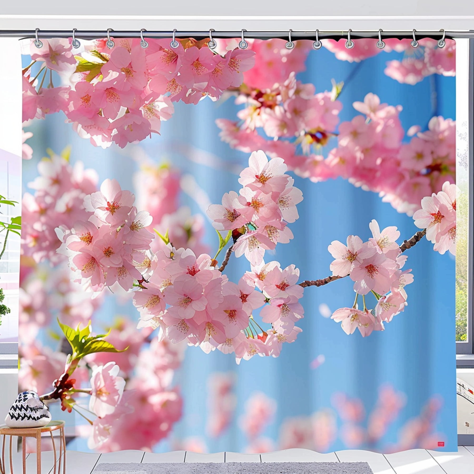 Cherry Blossom Shower Curtain Pink Floral Bathroom Decor for Bright