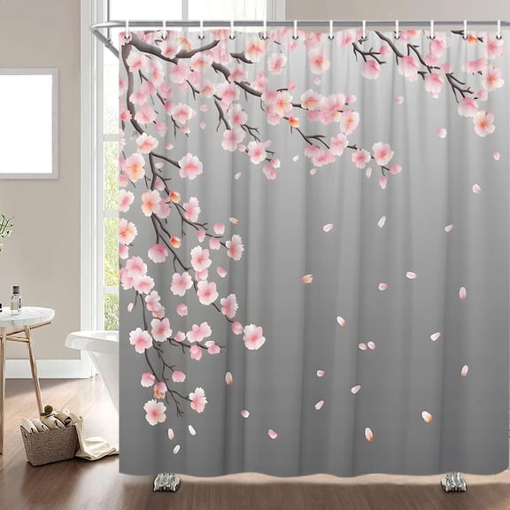 Cherry Blossom Shower Curtain Pink Grey Blooming Floral Watercolor Flower Branch Nature Plant Bathroom Decor Curtains Polyester with Hooks 36"W x 72"L (Pack of 1)