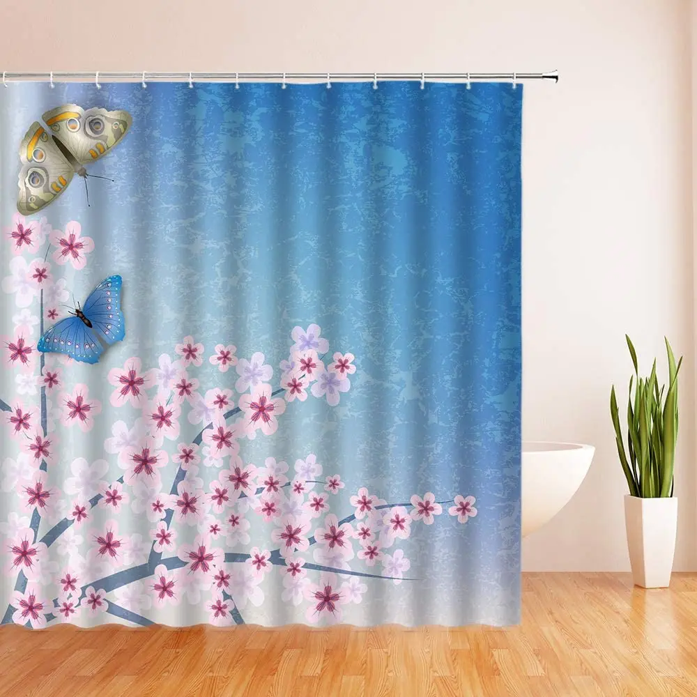 Cherry Blossom Sakura Blue Print Bathroom Shower Curtain