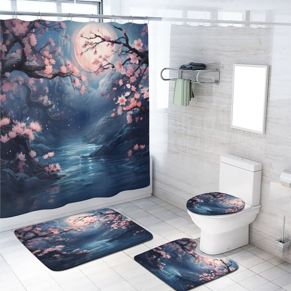 Cherry Blossom Shower Curtain Set Japanese Style Full Moon Pink Flower Night Bathroom Sets Decor Accessories with Non-Slip Rug Toilet Lid Cover Bath Mat and 12 Hooks, 72x72 Inch
