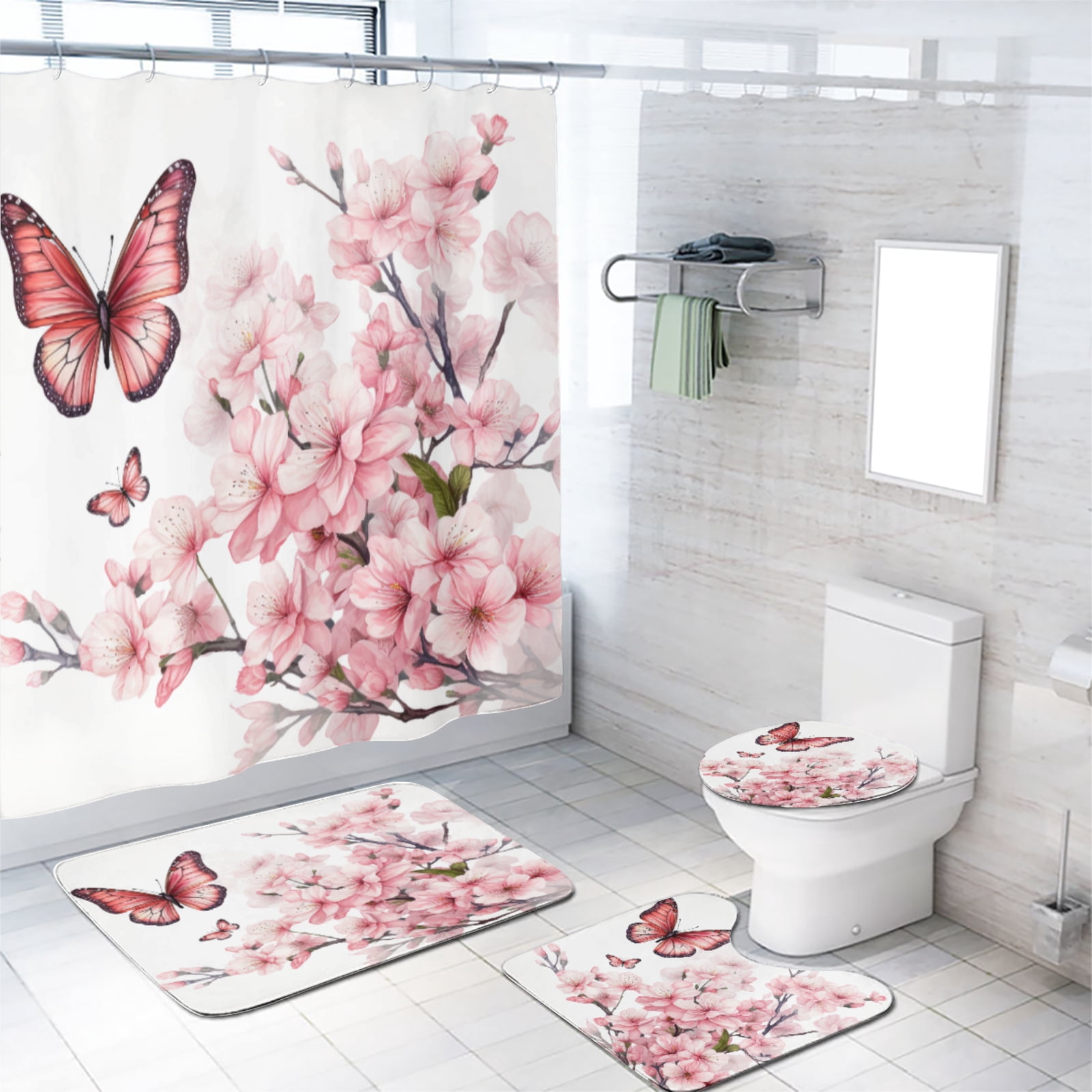 Cherry Blossom Shower Curtain Sets with Non-Slip Rug Watercolor Pink ...