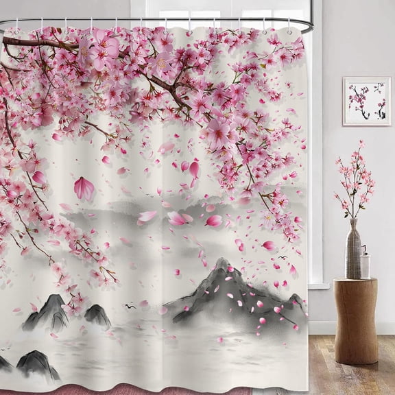 Cherry Blossom Shower Curtain Spring Japanese Anime Pink and Grey Shower Curtains for Bathroom Decor Sets, Waterproof Cloth Fabric with Hooks, 70x72 Inch