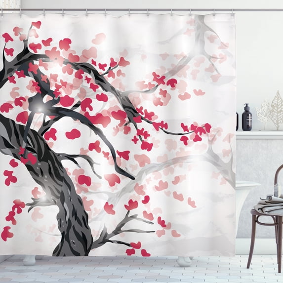 Cherry Blossom Shower Curtain, Twisted Trunk of Cherry Tree with Blooms in Foggy Sky, Fabric Bathroom Set with Hooks, 69W X 84L Inches Extra Long, Charcoal Grey Dark Coral and Rose, by Ambesonne