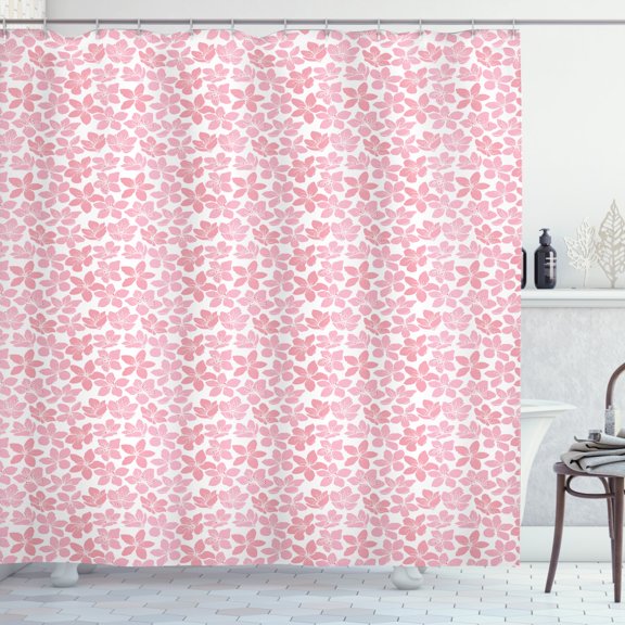 Cherry Blossom Shower Curtain, Unevenly Aligned Five Petal Sakura Flowers with White Stamens, Fabric Bathroom Set with Hooks, 69W X 75L Inches Long, Pale Pink Ruby and White, by Ambesonne