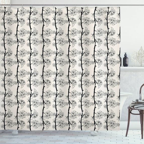 Cherry Blossom Shower Curtain, Vertically Aligned Parallel Branches of Japanese Traditional Sakura Design, Fabric Bathroom Set with Hooks, 69W X 70L Inches, Black Beige, by Ambesonne