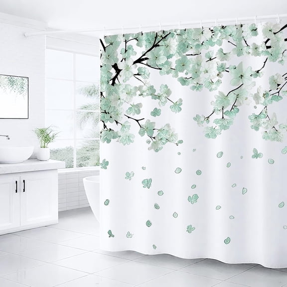 Cherry Blossom Shower Curtains for Bathroom, Watercolor Floral Shower Curtain Sets Waterproof Plant Shower Curtain Bathroom Curtains Set 72x72 inch with Hooks (Mint Green, 72" W x 72" L)