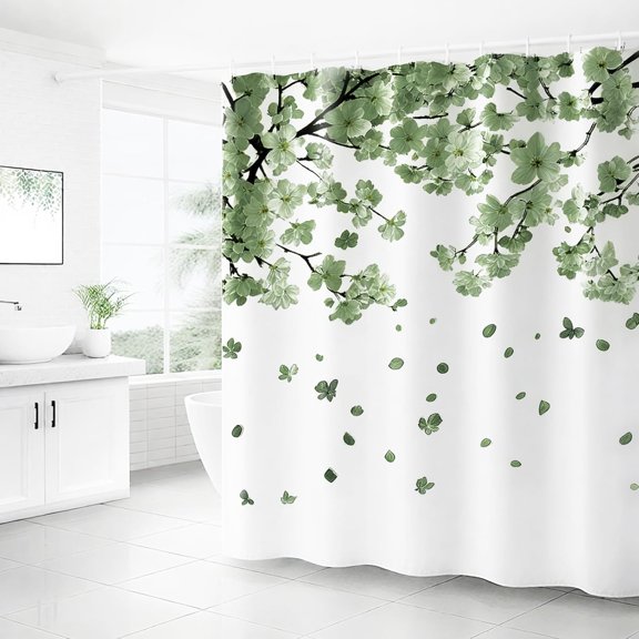 Cherry Blossom Shower Curtains for Bathroom, Watercolor Floral Shower Curtain Sets Waterproof Plant Shower Curtain Bathroom Curtains Set 72x72 inch with Hooks (Bean Paste Green, 72"W x 72"L)