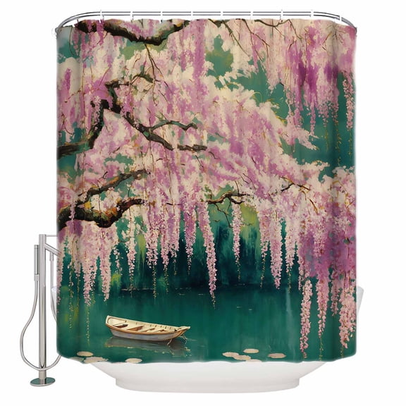 Cherry Blossom Shower Curtains for Bathroom Waterproof Fabric Bath Curtains Decor Bath Tub Curtain Forest Lake Boat Flowers Modern Paint Decorative Shower Curtain Sets with 12 Hooks, 72x72 Inch