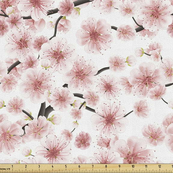 Ambesonne Cherry Blossom Fabric by the Yard Upholstery, Sakura 3D Design, 2 Yards, Dark Taupe and Rose