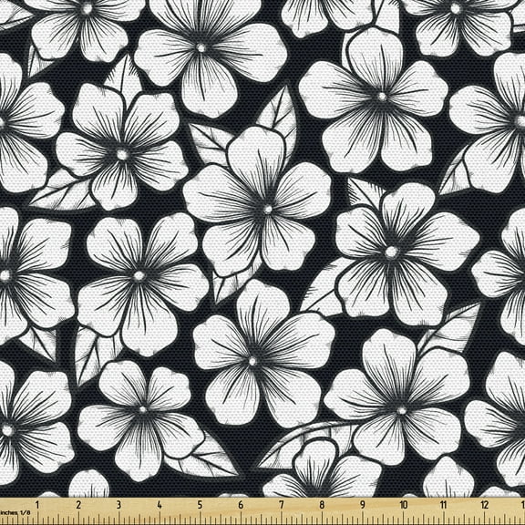 Ambesonne Cherry Blossom Fabric by the Yard Upholstery, Hatched Flowers, 5 Yards, Black and White