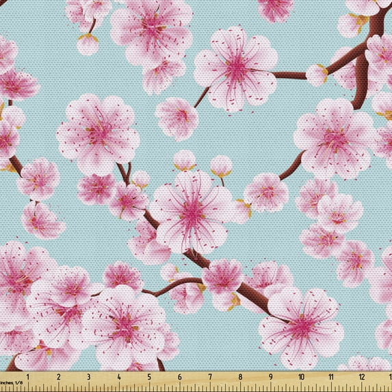 Ambesonne Cherry Blossom Fabric by the Yard Upholstery, Inspirational Garden, 10 Yards, Pale Blue Redwood Pink