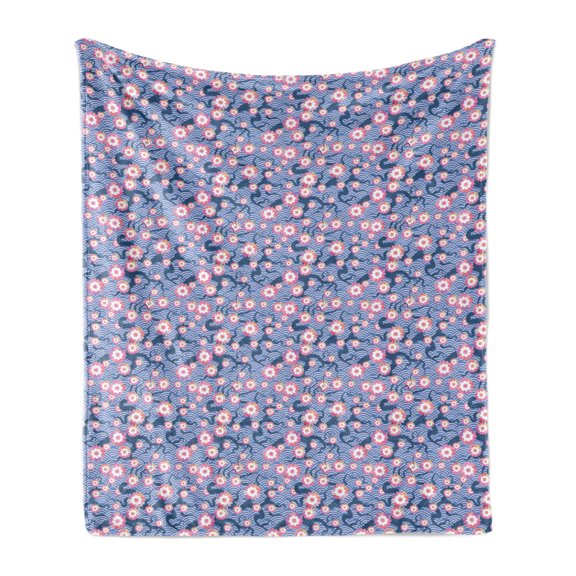 Cherry Blossom Soft Flannel Fleece Blanket, Art Deco Fish Scale Pattern Cherry Flowers and Climbing Bean Plant, Cozy Plush for Indoor and Outdoor Use, 50" x 70", Pink and Violet Blue, by Ambesonne