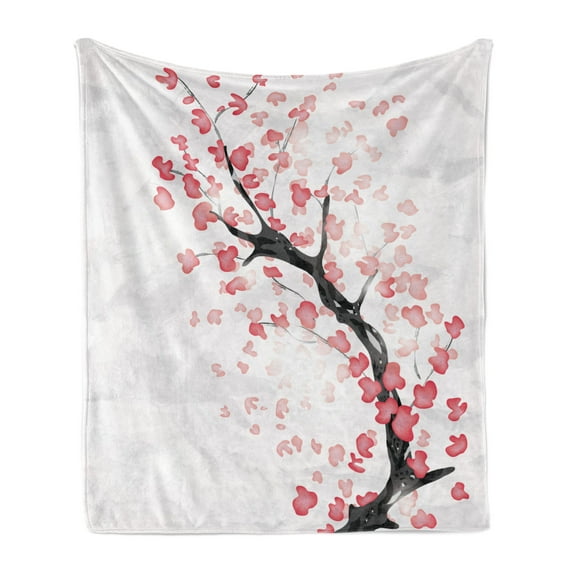 Cherry Blossom Soft Flannel Fleece Blanket, Dreamy Japanese Nature in Spring Theme Sakura Tree Branch Artwork, Cozy Plush for Indoor and Outdoor Use, 70" x 90", Dark Coral and Black, by Ambesonne