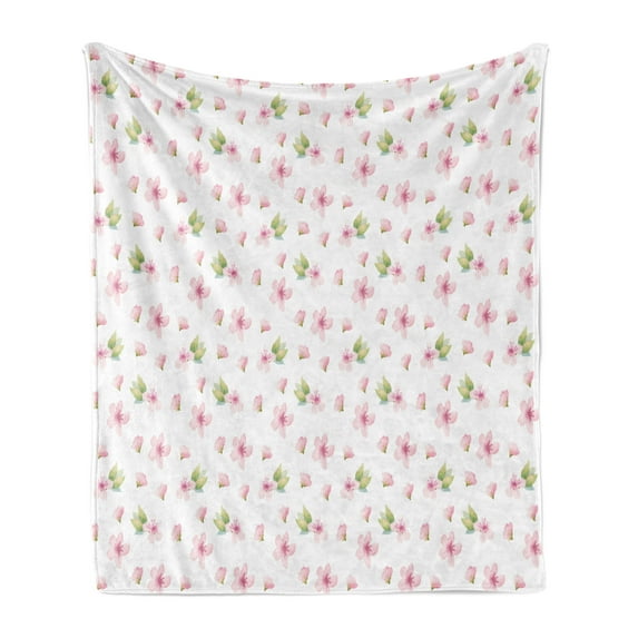 Cherry Blossom Soft Flannel Fleece Blanket, Fresh Spring Meadow Fragrance Joy and Love Tender Season Flowers, Cozy Plush for Indoor and Outdoor Use, 50" x 60", Pale Pink Green White, by Ambesonne