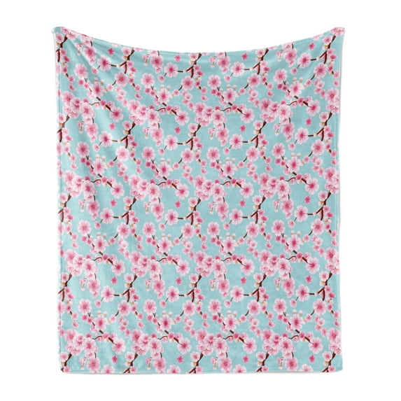 Cherry Blossom Soft Flannel Fleece Blanket, Inspirational Seasonal Flower Garden Arrangement in Pastel Color, Cozy Plush for Indoor and Outdoor Use, 70" x 90", Pale Blue Redwood Pink, by Ambesonne