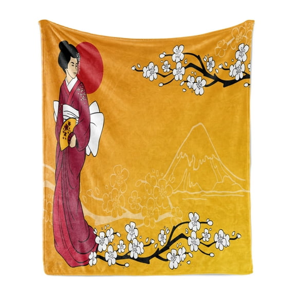 Cherry Blossom Soft Flannel Fleece Throw Blanket, Geisha Woman and Sakura Trees in the Foothills of Hill, Cozy Plush for Indoor and Outdoor Use, 50" x 60", Earth Yellow Maroon, by Ambesonne