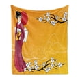 thumbnail image 1 of Cherry Blossom Soft Flannel Fleece Throw Blanket, Geisha Woman and Sakura Trees in the Foothills of Hill, Cozy Plush for Indoor and Outdoor Use, 70" x 90", Earth Yellow Maroon, by Ambesonne, 1 of 5