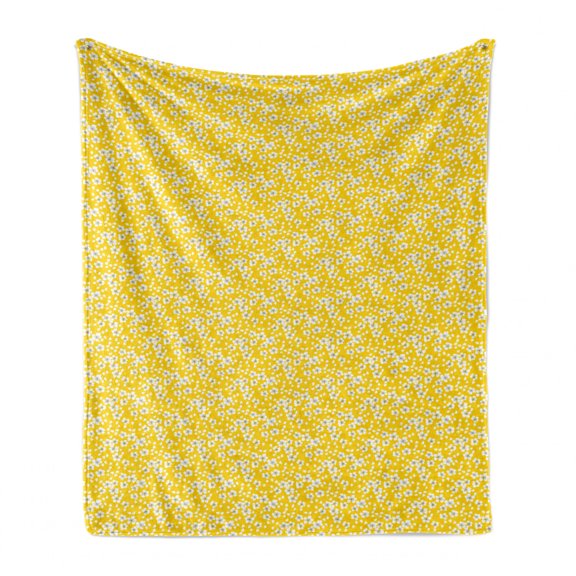 Cherry Blossom Soft Flannel Fleece Throw Blanket, Naive Spring Floral Design of Cherry Flowers and Floating Petals, Cozy Plush for Indoor and Outdoor Use, 50" x 60", Yellow White Black, by Ambesonne