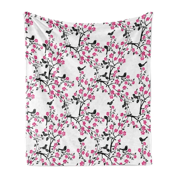 Cherry Blossom Soft Flannel Fleece Throw Blanket, Sakura Tree Flourishing Flowers and Birds Black Silhouettes, Cozy Plush for Indoor and Outdoor Use, 60" x 80", Black Hot Pink White, by Ambesonne