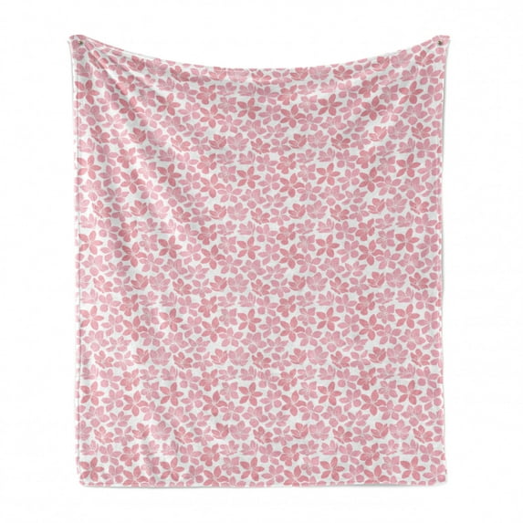 Cherry Blossom Soft Flannel Fleece Throw Blanket, Unevenly Aligned 5 Petal Sakura Flowers with White Stamens, Cozy Plush for Indoor and Outdoor Use, 50" x 60", Pale Pink Ruby and White, by Ambesonne