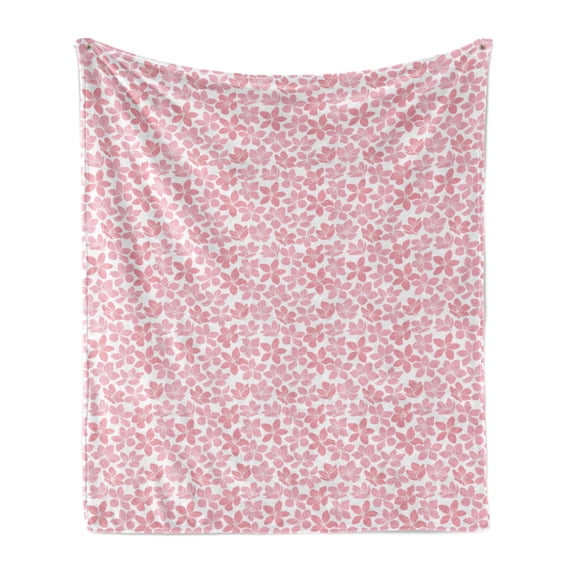Cherry Blossom Soft Flannel Fleece Throw Blanket, Unevenly Aligned 5 Petal Sakura Flowers with White Stamens, Cozy Plush for Indoor and Outdoor Use, 50" x 70", Pale Pink Ruby and White, by Ambesonne