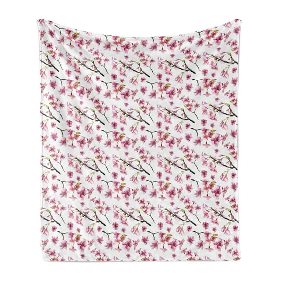 Cherry Blossom Soft Flannel Fleece Throw Blanket, Watercolor Style Oriental Pattern with Sakura Branch, Cozy Plush for Indoor and Outdoor Use, 50" x 70", Hot Pink Green Brown, by Ambesonne