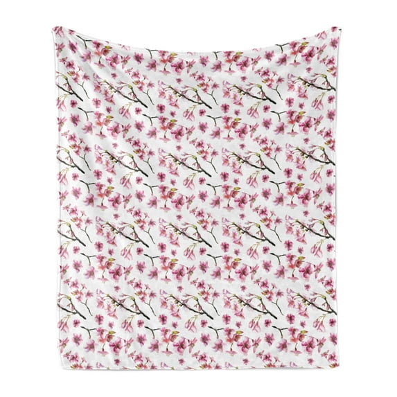 Cherry Blossom Soft Flannel Fleece Throw Blanket, Watercolor Style Oriental Pattern with Sakura Branch, Cozy Plush for Indoor and Outdoor Use, 50" x 70", Hot Pink Green Brown, by Ambesonne