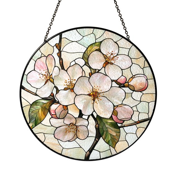 Cherry Blossom Stained Glass Style Window Suncatcher Hanging Decor, Floral Decorative Glass Panel Art for Spring Window Decoration, Gift for Mom or Grandma