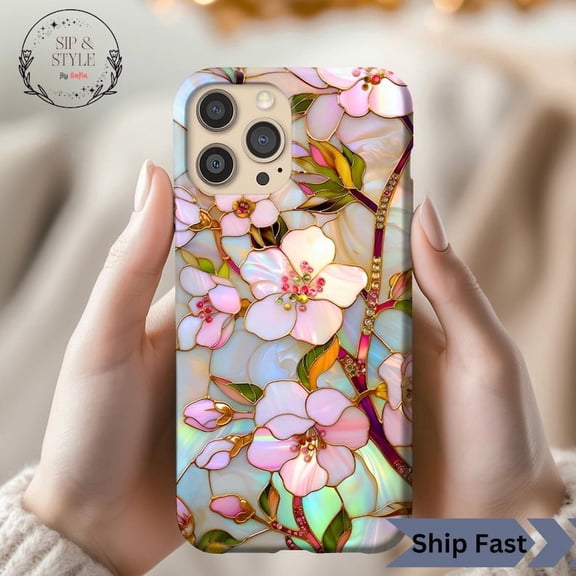 Cherry Blossom Stained Glass Style, iPhone Samsung Tough Phone Case, Pink Floral Sakura Art