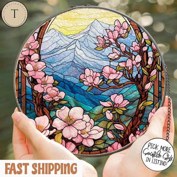 Cherry Blossom Stained Glass Suncatcher, Cherry Blossom and Mountain Window Hanging Decor, Sakura Flower Glass, Cherry Blossom Lover Gift