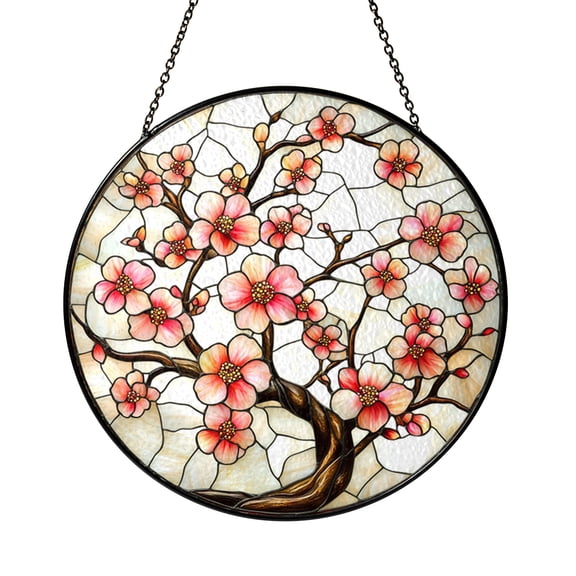 Cherry Blossom Stained Glass Suncatcher, Floral Spring Window Hanging Decor, Garden Inspired Art Panel Accent for Bright
