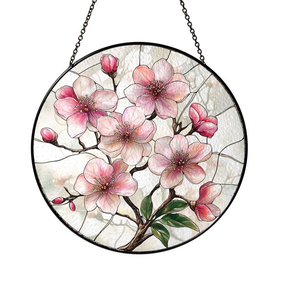 Cherry Blossom Stained Glass Suncatcher, Pink Flower Window Hanging Art, Floral Glass Panel for Home, Decorative Spring Window Decor, Gift Idea for Flower Lovers