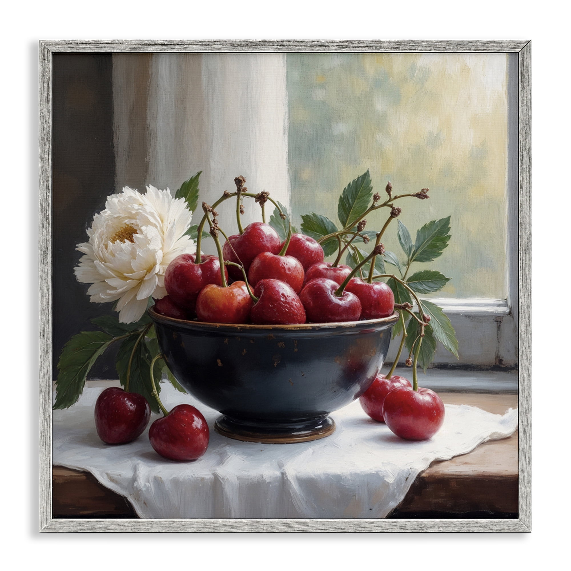 Cherry & Blossom Still Life Gray Framed Giclee Art, design by Lettered and Lined