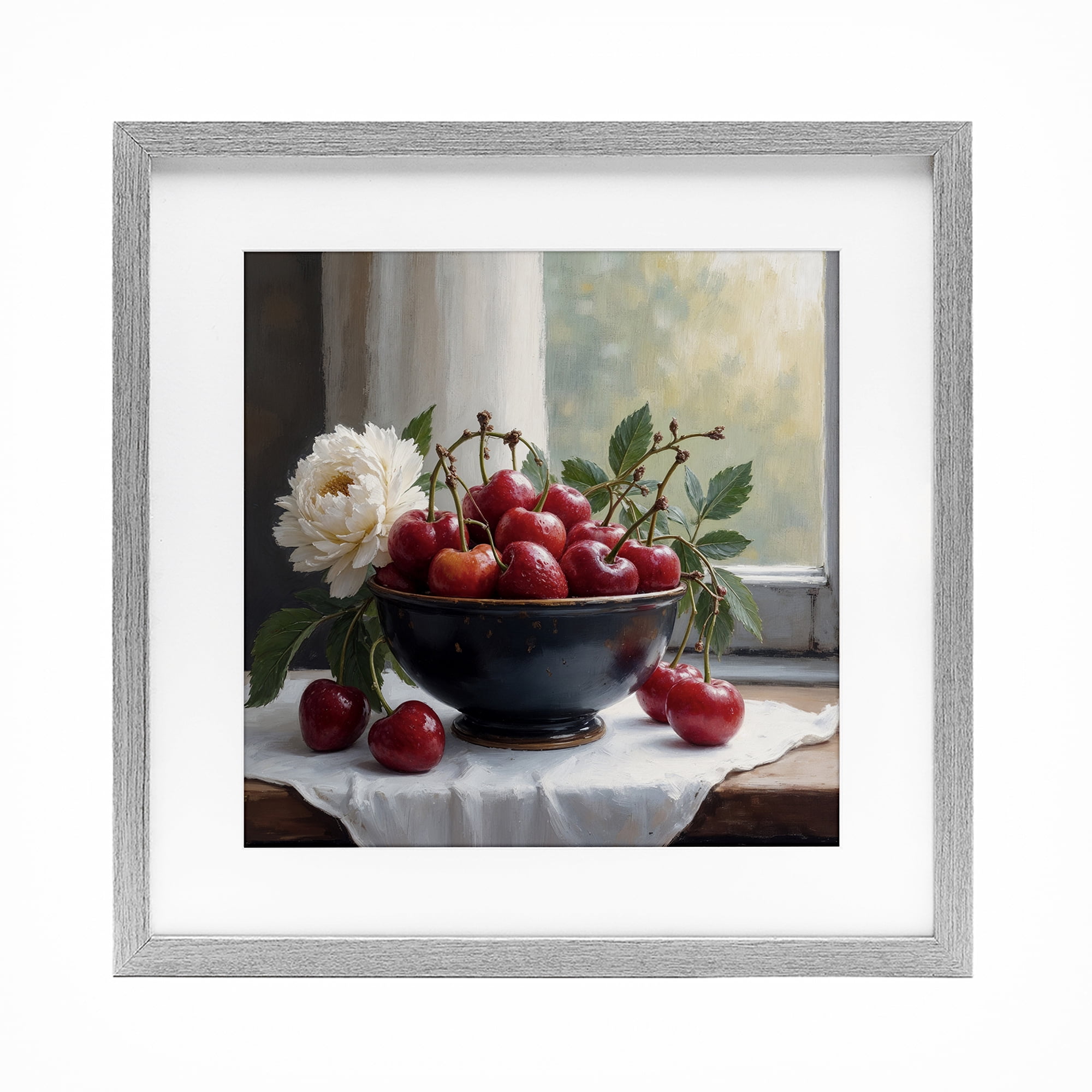 Cherry & Blossom Still Life Gray Framed Print Under Glass, design by Lettered and Lined