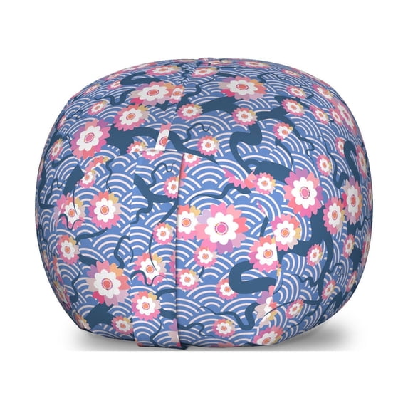 Cherry Blossom Storage Toy Bag Chair, Art Deco Fish Scale Pattern Cherry Flowers and Climbing Bean Plant, Stuffed Animal Organizer Washable Bag, Small Size, Pink and Violet Blue, by Ambesonne