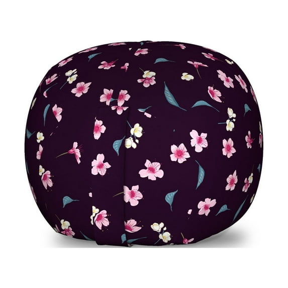 Cherry Blossom Storage Toy Bag Chair, Spring Night Sakura Yozakura Pattern on Nocturnal Background, Stuffed Animal Organizer Washable Bag, Large Size, Dark Purple Teal, by Ambesonne