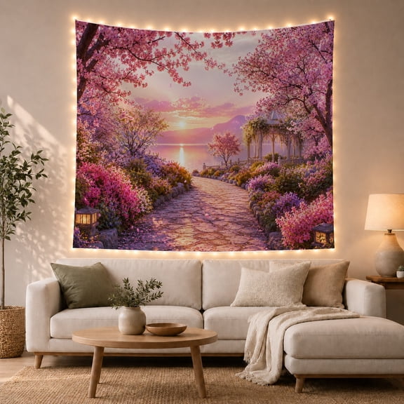 Cherry Blossom Sunset Landscape Dreamy Painterly Style for Nature Lovers Japanese Garden Wall Art Housewarming Gift Tapestry Wall Hanging for Bedroom, Living Room and Dorm
