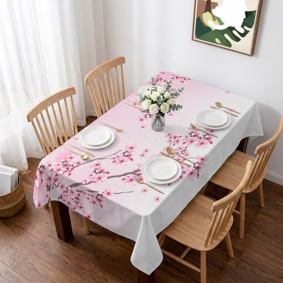 Cherry Blossom Table Cloth Waterproof Tablecloths, Gradient Tree Pink Flower Plant Tablecloth Dining Table Cover for Kitchen Party Tabletop Outdoor, Rectangle Tablecloth 60x102 Inch