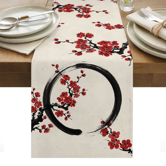 Cherry Blossom Table Runner Asian Japanese Red Plum Flower Retro Beige Tablerunners 14 x 72 Inch, Table Decorations Tabletop Scarf for Summer Gathering Holiday Farmhouse Kitchen Dining Decor