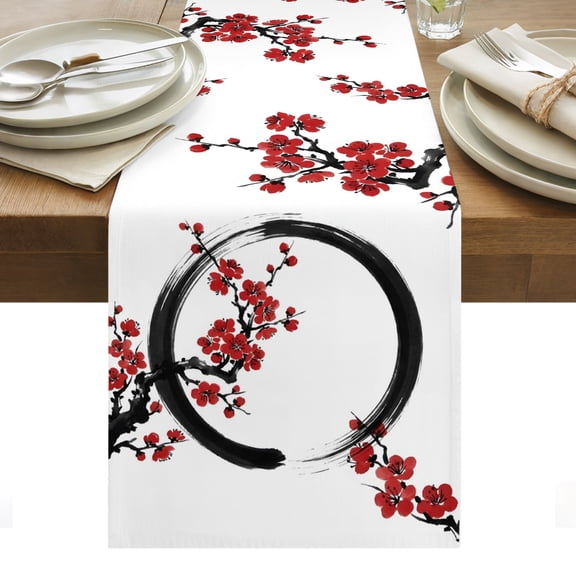 Cherry Blossom Table Runner Asian Japanese Red Plum Flower Tablerunners 16 x 72 Inch, Table Decorations Tabletop Scarf for Summer Gathering Holiday Farmhouse Kitchen Dining Decor
