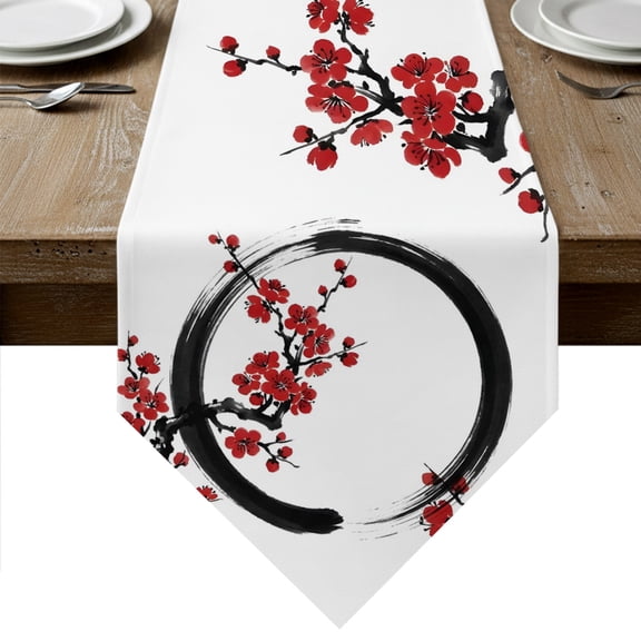 Cherry Blossom Table Runner Linen Burlap Table Runner 72 Inches Long Asian Japanese Red Plum Flower Dresser Scarves for Kitchen Island Coffee Dining Room Party Wedding Holiday Decoration 18"x72"