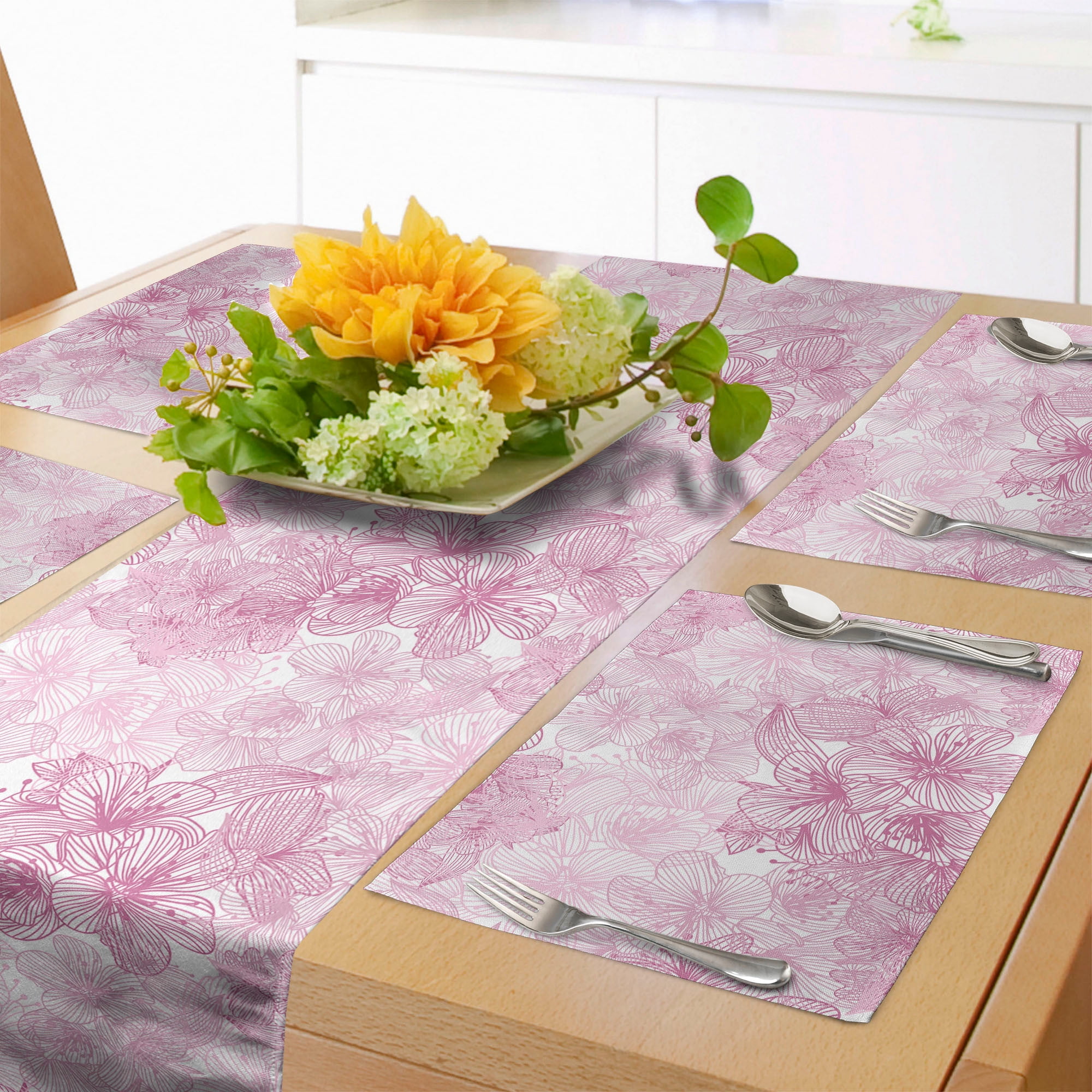 Cherry Blossom Table Runner & Placemats, Overlapping Style Hand Drawn