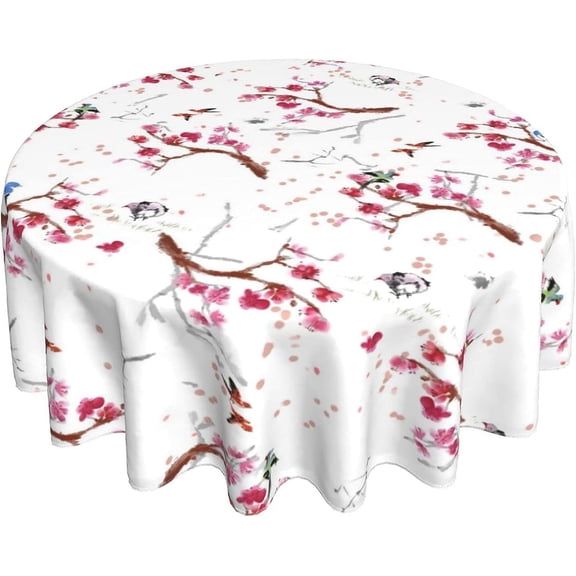 Cherry Blossom Tablecloth Round 60 Inches Spring Summer Farmhouse Floral Tablecloth Waterproof Polyester Washable Flower Table Cloth Table Cover for Kitchen Dining Room Picnic Patio Party
