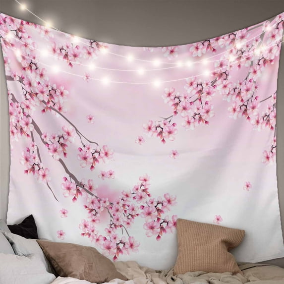 Cherry Blossom Tapestry for Bedroom Wall Hanging Tapestry, Gradient Tree Pink Flower Plant Ceiling Backdrop Tapestries Poster Blanket Wall Decor for Teens Room Living Room Dorm 59" x 90"