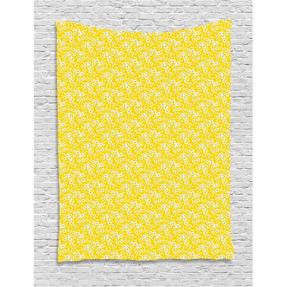 Cherry Blossom Tapestry, Naive Spring Floral Design of Cherry Flowers and Floating Petals, Wall Hanging for Bedroom Living Room Dorm Decor, 60W X 80L Inches, Yellow White Black, by Ambesonne