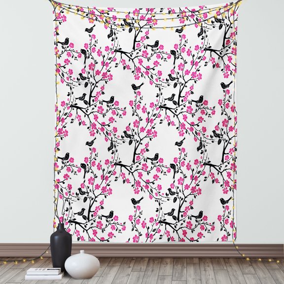 Cherry Blossom Tapestry, Sakura Tree with Flourishing Flowers and Birds Black Silhouettes, Wall Hanging for Bedroom Living Room Dorm Decor, 40W X 60L Inches, Black Hot Pink White, by Ambesonne