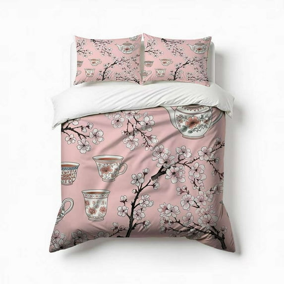 Cherry Blossom Tea Set Pattern Bedding Set 3 Pcs Soft Microfiber Quilt Cover For Bedroom Decor, Comforter Cover With 2 Pillowcase