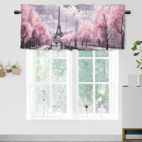 Cherry Blossom Thermal Insulated Window Curtain Valance Plum Flower Eiffel Tower Romantic Rod Pocket Window Valance for Living Room Bathroom Bedroom Kitchen 54 by 18 in, 1 Panel