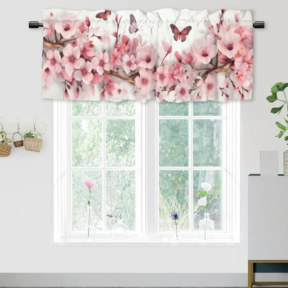 Cherry Blossom Thermal Insulated Window Curtain Valance Watercolor Pink Floral Butterfly Rod Pocket Valances for Bedroom Living Room Dining Room 54 by 18 in, 1 Panel